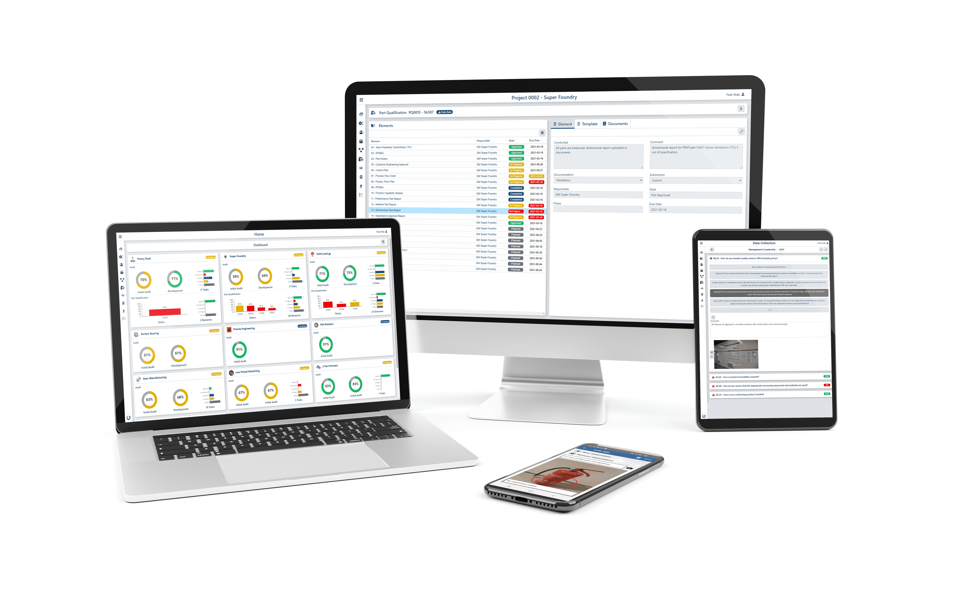 qp-squid running on desktop, laptop, tablet, and phone, showing a project overview and supplier dashboards.